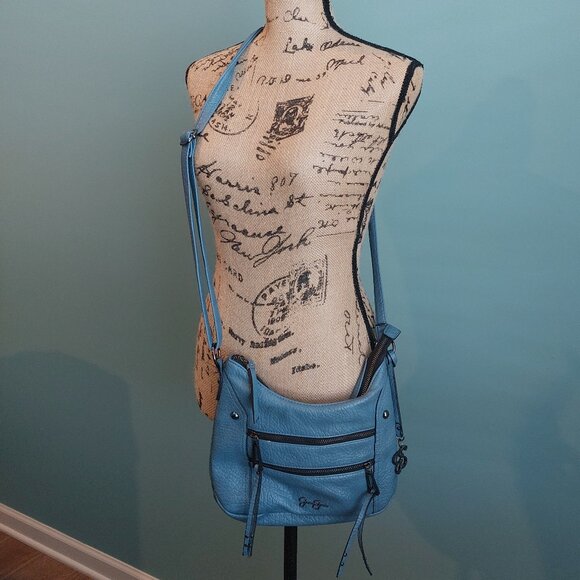 Slate Blue Jessica Simpson Crossbody Bag; zip top and front pockets - Picture 2 of 12